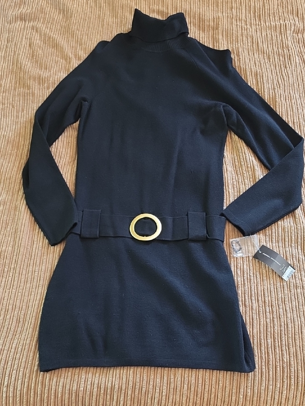 Black Turtleneck Knit Dress with Gold Buckle Belt